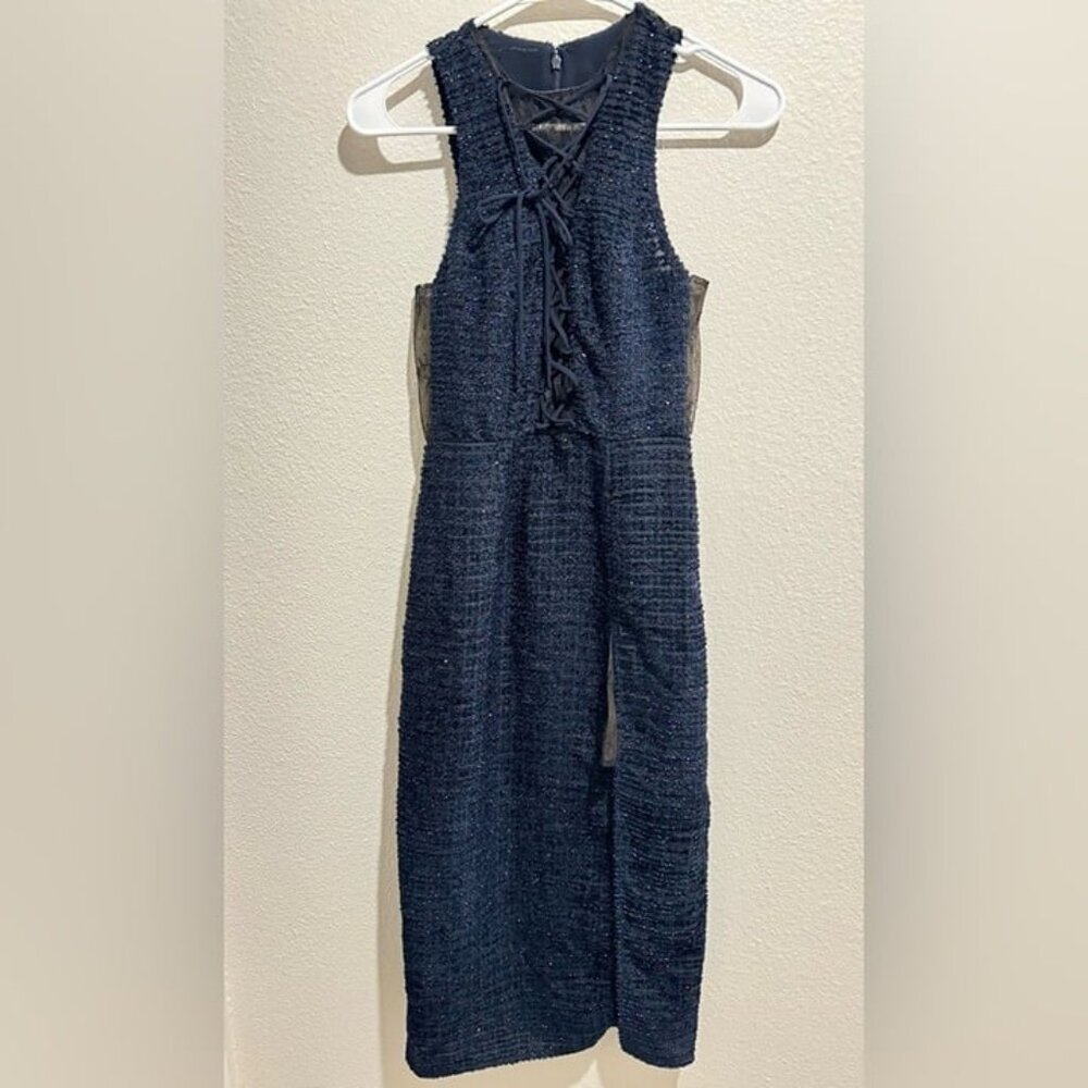 NWT‎ Revolve brand X by NBD Metallic Navy Blue Lace High Neck Dress